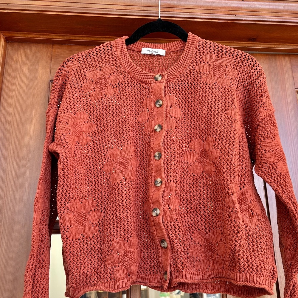 Madewell Floral Open-Stitch Cardigan Sweater in Afterglow Red Size M